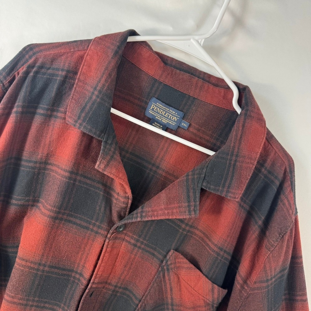 Pendleton Mens XXL Red Black Plaid Flannel Shirt Camp Collar 100 Cotton Long Slv